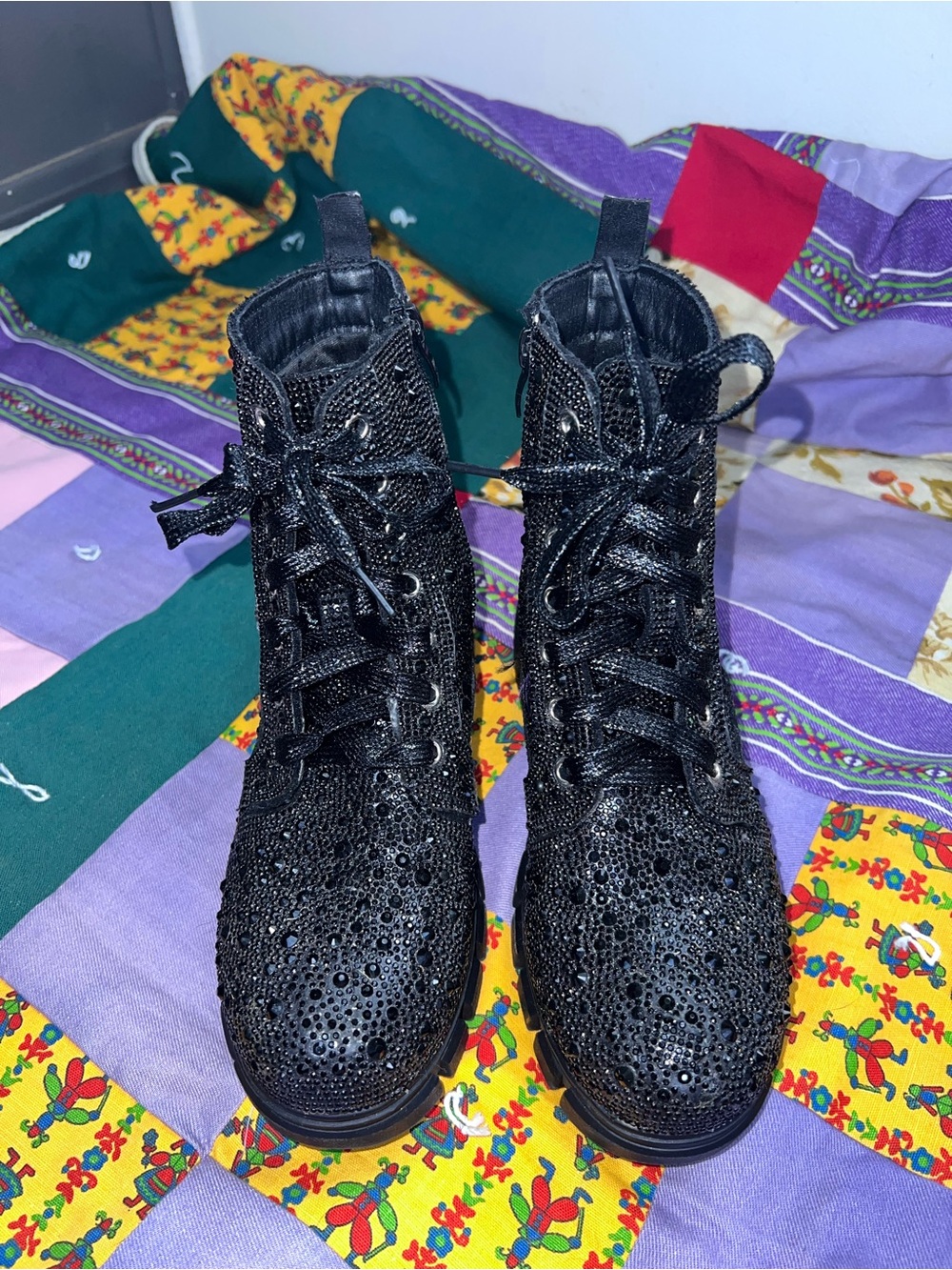 Corkys Black Rhinestone Lace-Up Combat Boots